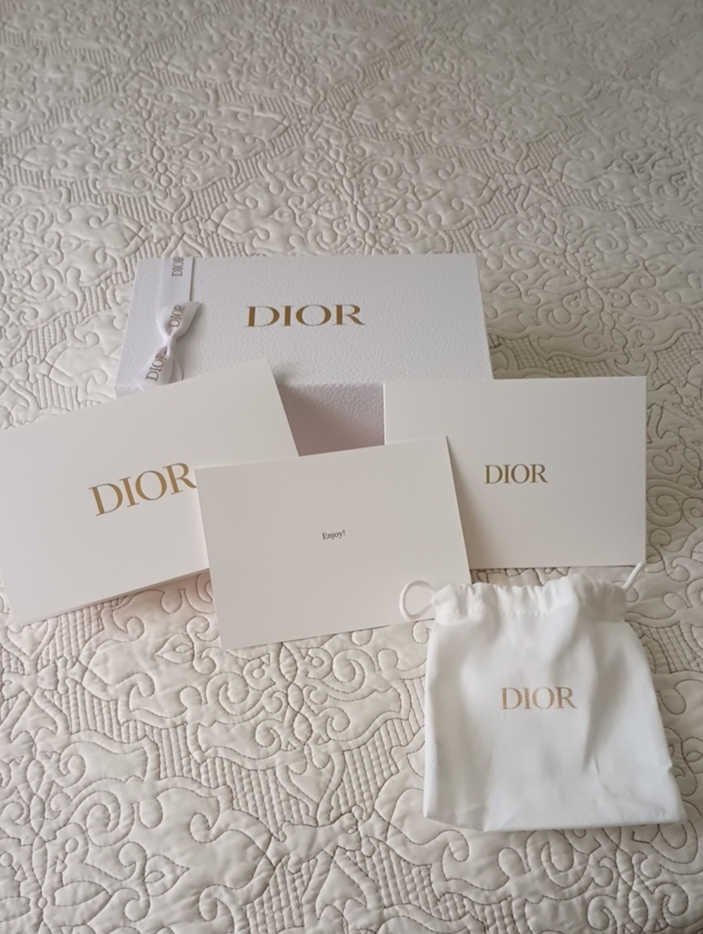Dior White Empty Box Gold Logo, Ribbon, Gift & Receipt Card, Tissue, & Dust Bag